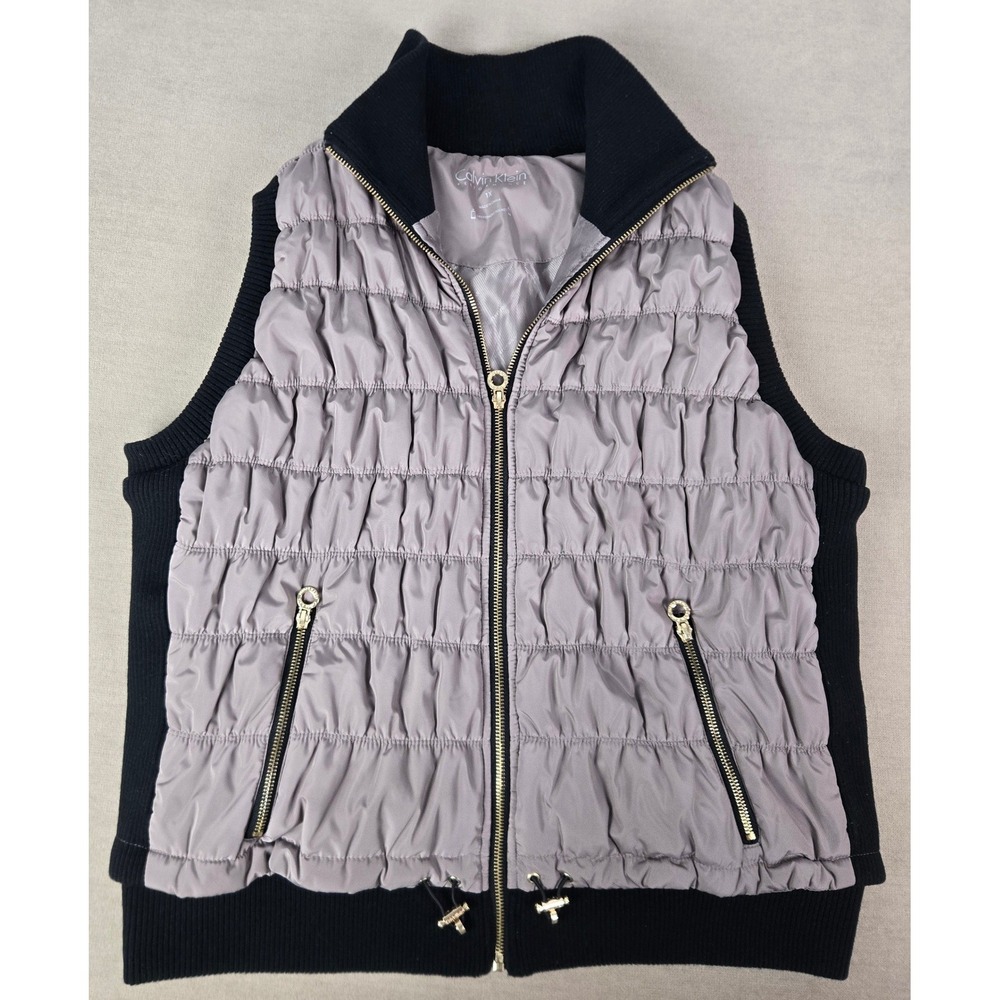 Calvin Klein Performance Women 1X Puffer Vest Gold zipper Taupe Black PFJOBX4002